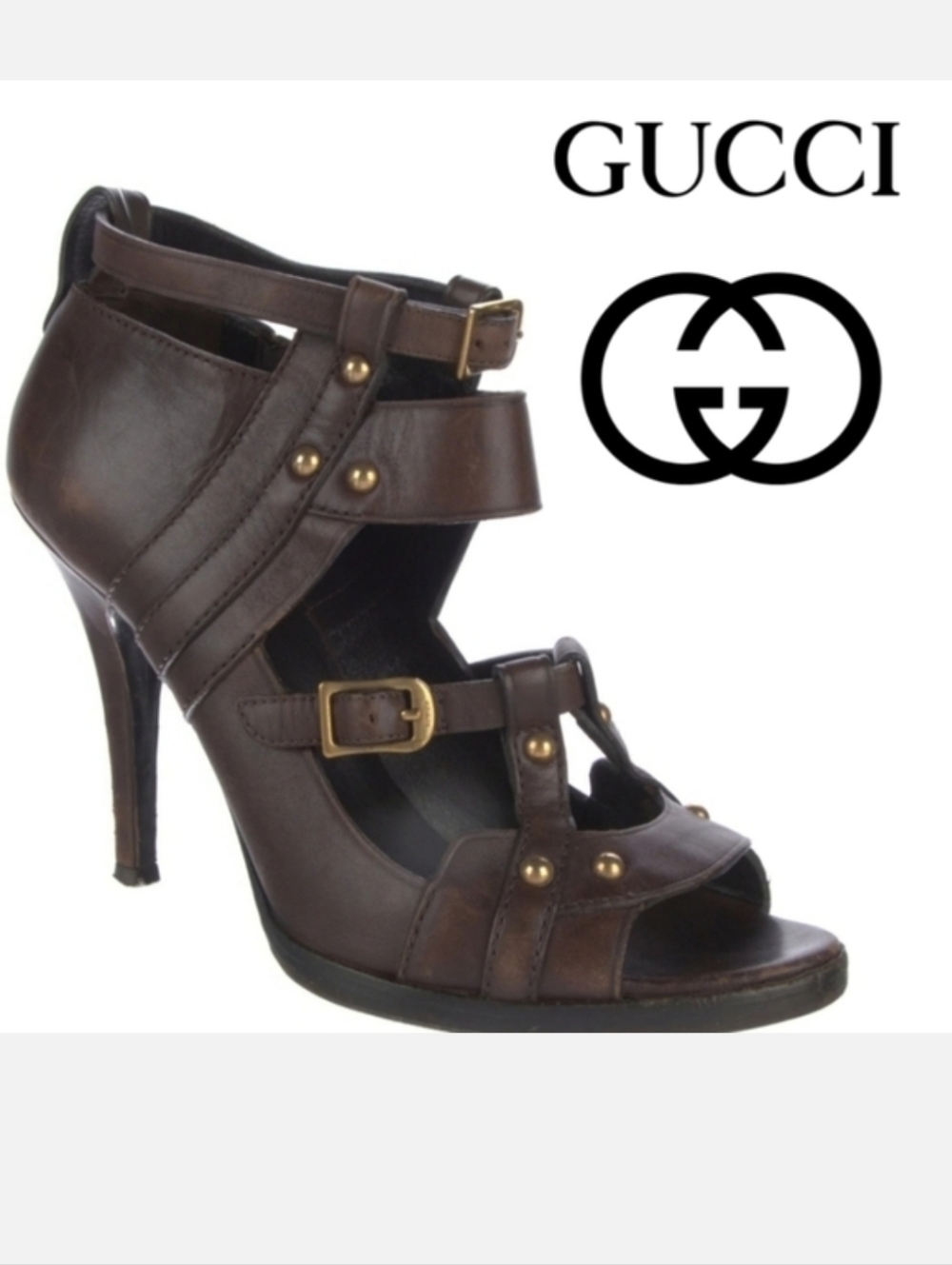 Gucci Leather Pumps 👠 Brown Peep-Toes Studded Accents Platform Multistrap $550 - Picture 2 of 15